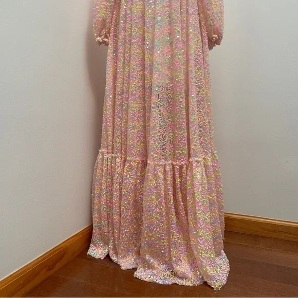 Selkie- Rainbow Sequin Princess Gown Size XS 3/4 Sleeve Sweetheart Maxi Dress - Picture 11 of 16
